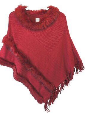 Northern Angel Poncho Sweater Women Size L Faux Fur Tassels Wrap Posh Cozy Glam